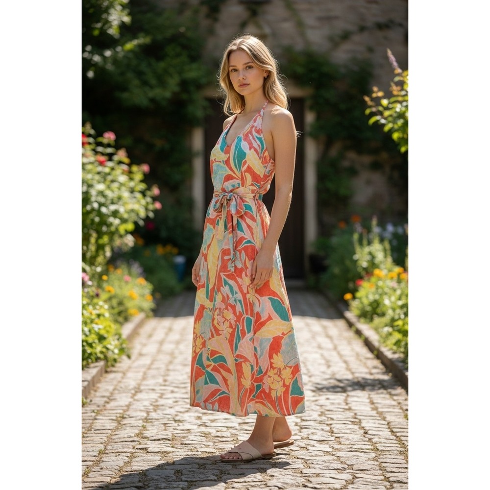 Cynthia Rowley Halter Midi Maxi Dress Medium Floral Linen Blend  #971